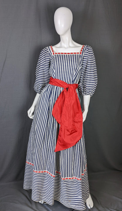 1970s Blue White Stripe Frontier Vintage Dress Capriccio 