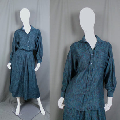 1980s Teal Paisley Wool Shirt & Skirt Vintage Set