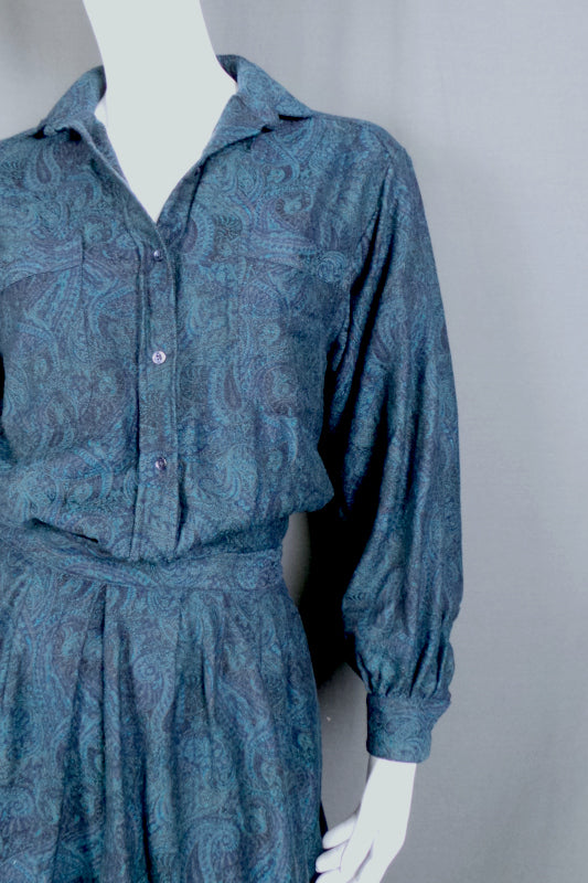 1980s Teal Paisley Wool Shirt & Skirt Set | M