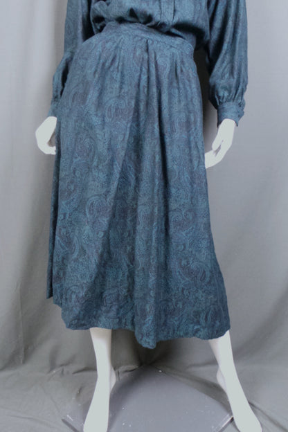 1980s Teal Paisley Wool Shirt & Skirt Set | M