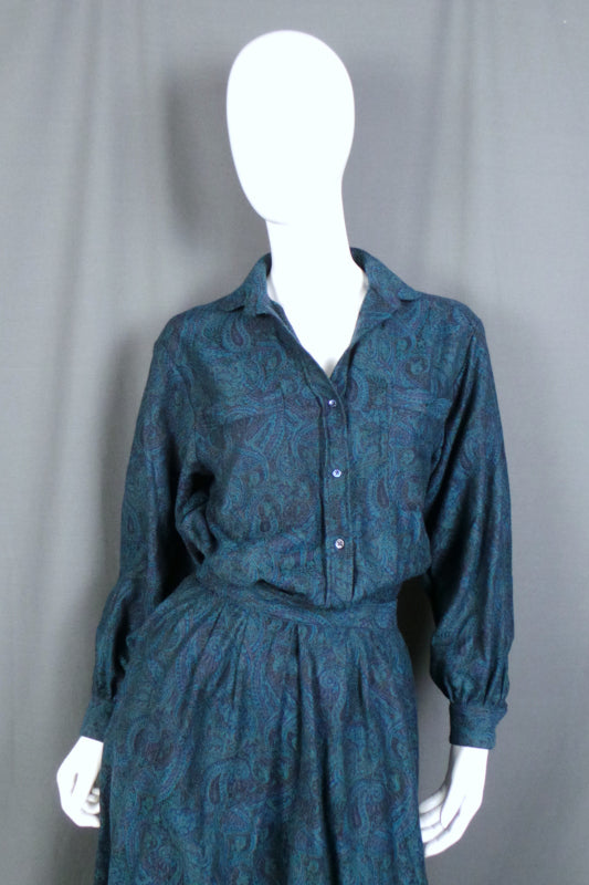 1980s Teal Paisley Wool Shirt & Skirt Set | M