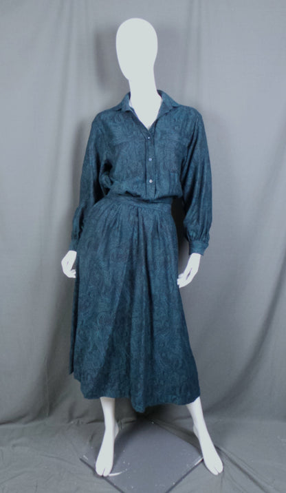 1980s Teal Paisley Wool Shirt & Skirt Vintage Set