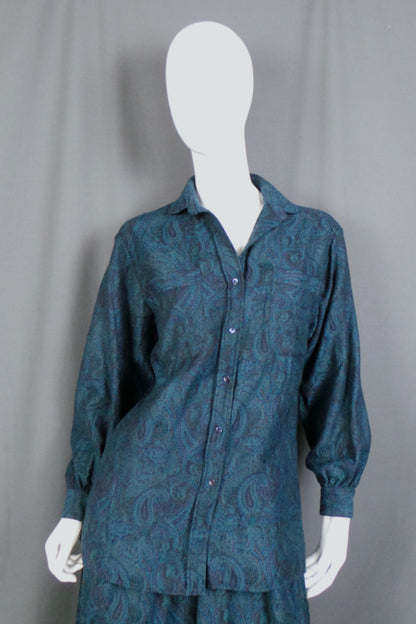 1980s Teal Paisley Wool Shirt & Skirt Set | M