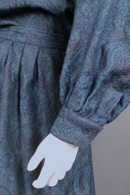 1980s Teal Paisley Wool Shirt & Skirt Set | M