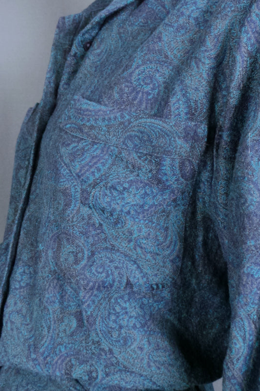 1980s Teal Paisley Wool Shirt & Skirt Set | M