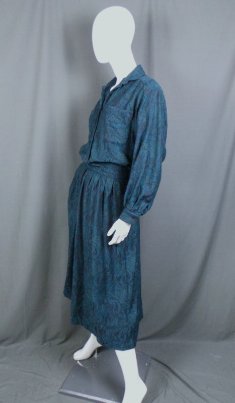 1980s Teal Paisley Wool Shirt & Skirt Set | M