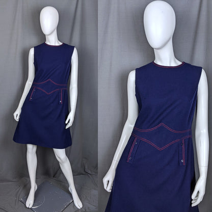 1960s Navy and Red Wool Vintage Shift Dress Berkertex