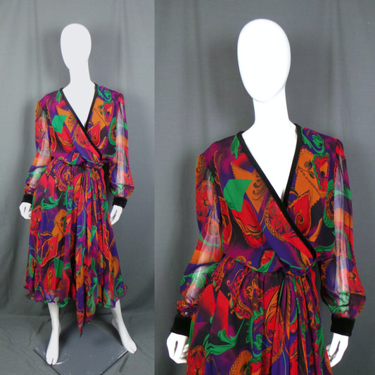 1980s Red Print Flounce Chiffon Vintage Dress Frank Usher