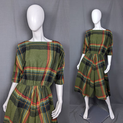 1980s Green Check Winter Vintage Dress