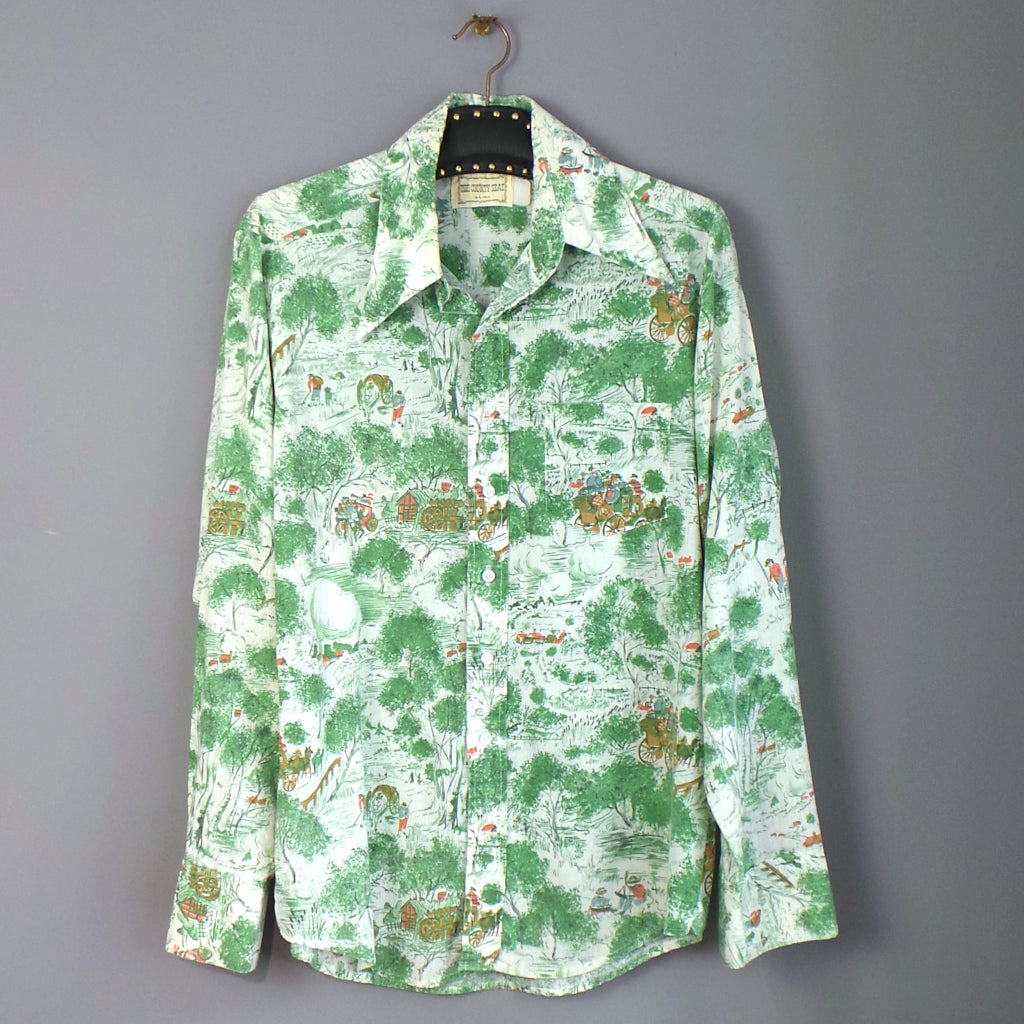1970s Green Country Stagecoach Print Vintage Dagger Collar Shirt, by The Country Seat