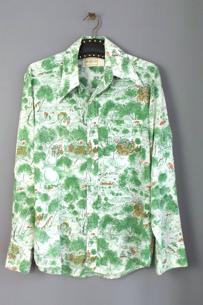 1970s Green Country Stagecoach Print Dagger Collar Shirt, by The Country Seat, 45in Chest