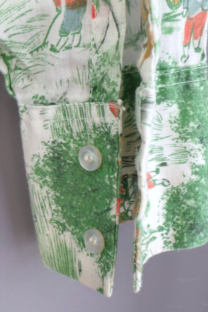 1970s Green Country Stagecoach Print Dagger Collar Shirt, by The Country Seat, 45in Chest