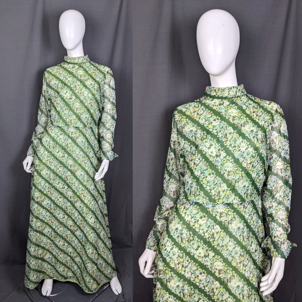 1960s Green Floral Stripe Maxi Dress | Miss Parisienne | 2XL