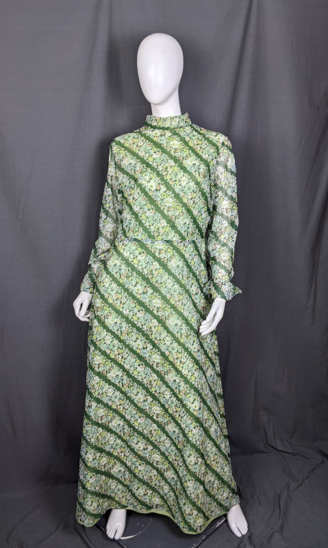 1960s Green Floral Stripe Maxi Dress | Miss Parisienne | 2XL