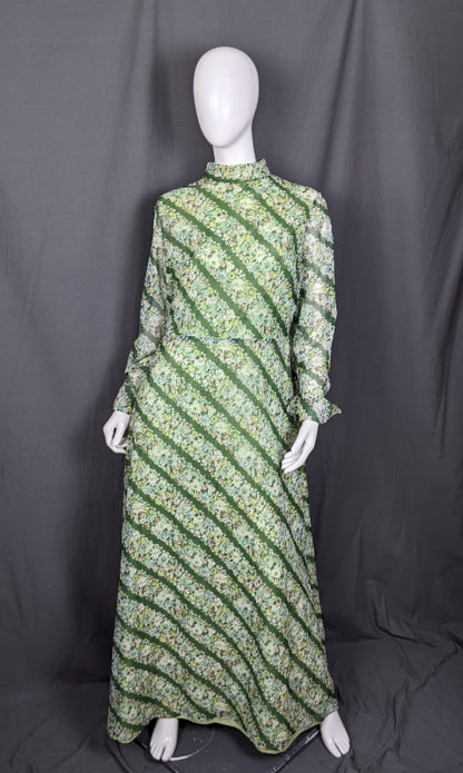 1960s Green Floral Stripe Maxi Dress | Miss Parisienne | 2XL