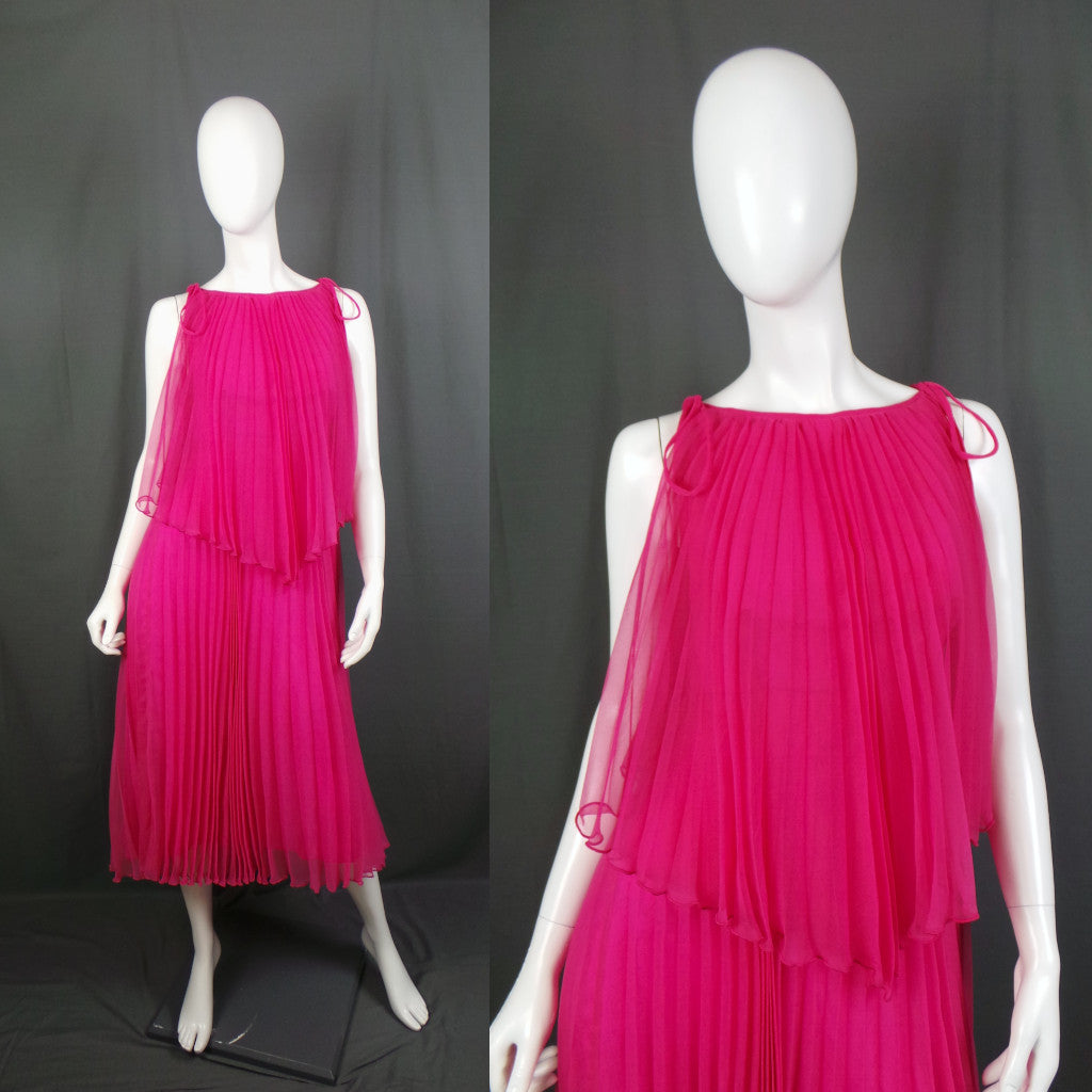 1970s Hot Pink Pleated Cape Vintage Dress | Mr K 