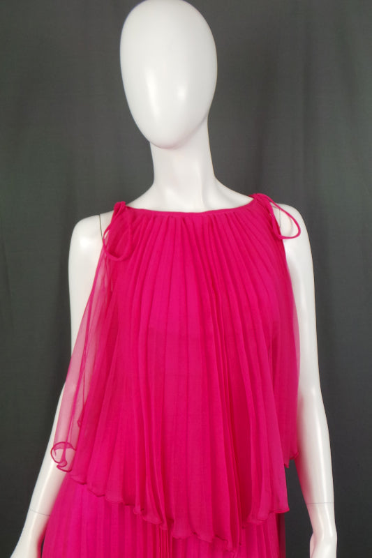 1970s Hot Pink Pleated Cape Dress | Mr K | S