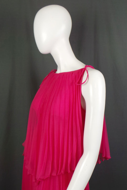 1970s Hot Pink Pleated Cape Dress, by Mr K, 37in Bust