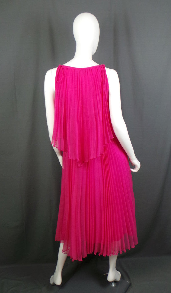 1970s Hot Pink Pleated Cape Dress, by Mr K, 37in Bust