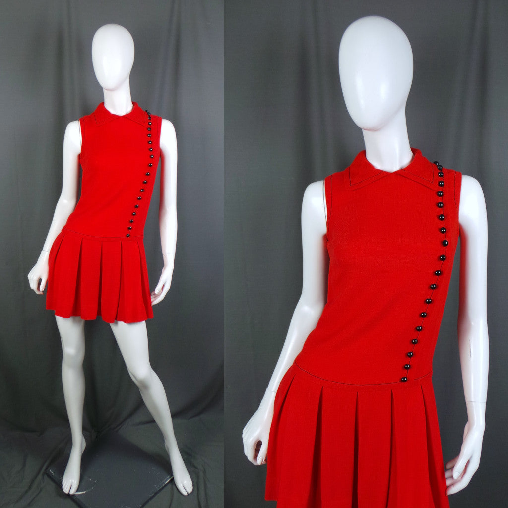 1960s Scarlet Red and Black Pleated Vintage Mini Dress, by Jean Varon