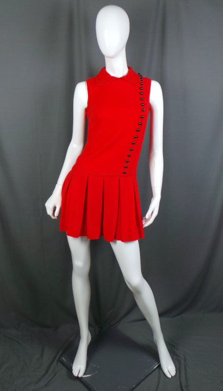 1960s Scarlet Red and Black Pleated Mini Dress, by Jean Varon, 33.5in Bust