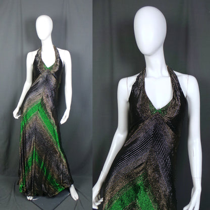 1970s Green Lurex Stripe Halter Neck Vintage Maxi Dress Maradadi