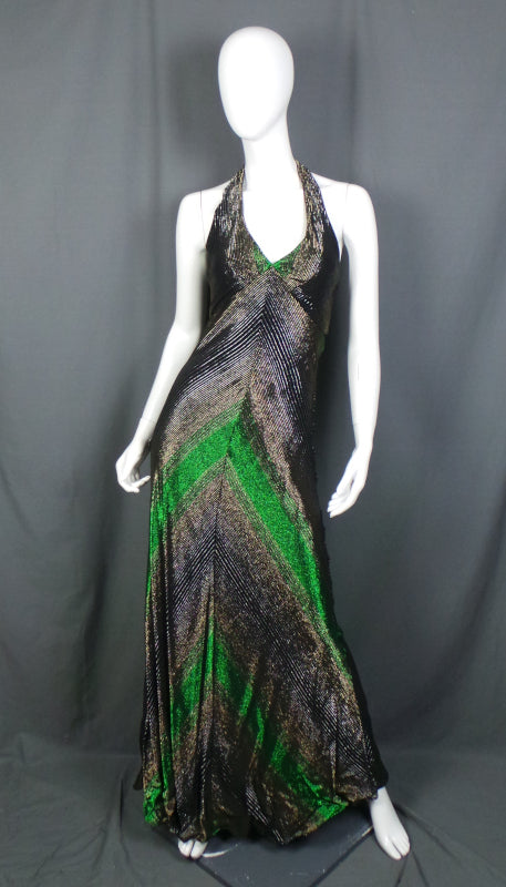 1970s Green Lurex Stripe Halter Neck Vintage Maxi Dress Maradadi