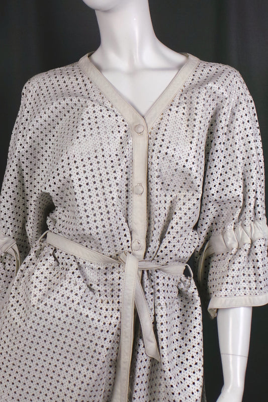 1980s White Leather Laser Cut Batwing Jacket, 54in Bust