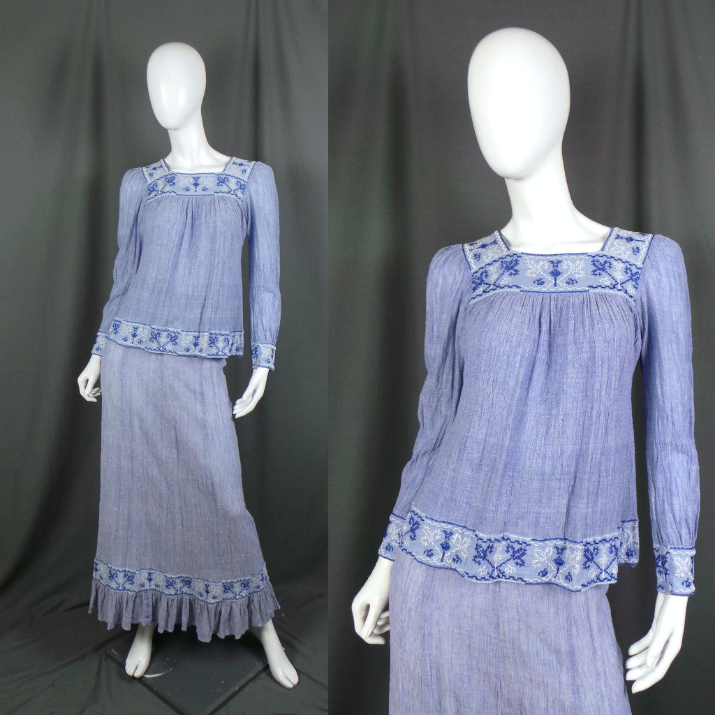 1960s Denim Blue Vintage Cheesecloth Prairie Skirt and Top