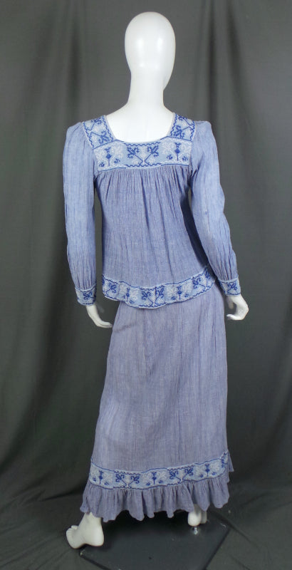 1960s Denim Blue Cheesecloth Prairie Co-Ord | 2XS