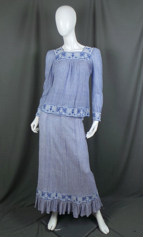 1960s Denim Blue Cheesecloth Prairie Co-Ord | 2XS