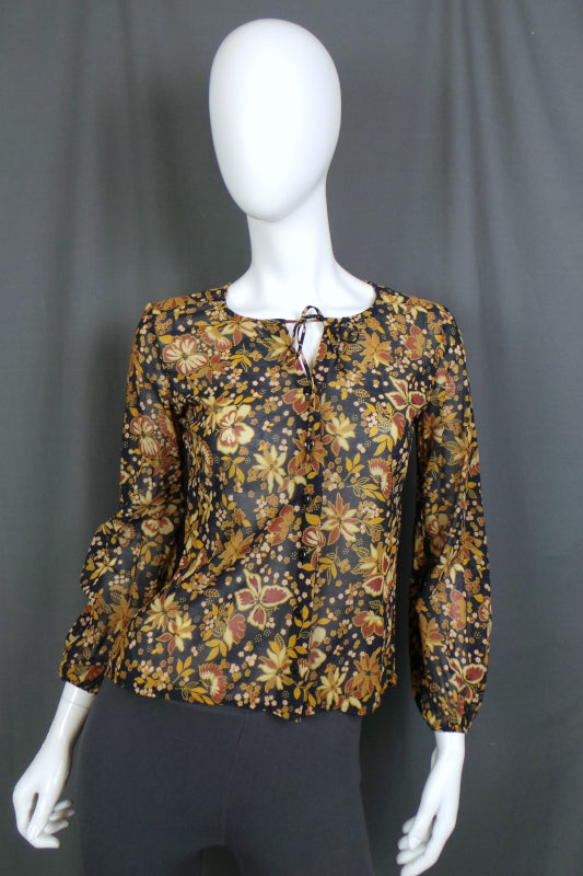 1970s Black & Brown Floral Sheer Blouse | St Michael | S
