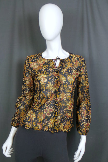1970s Black & Brown Floral Sheer Blouse | St Michael | S