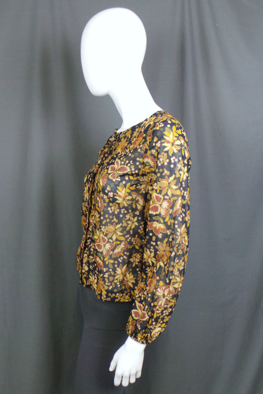 1970s Black & Brown Floral Sheer Blouse | St Michael | S