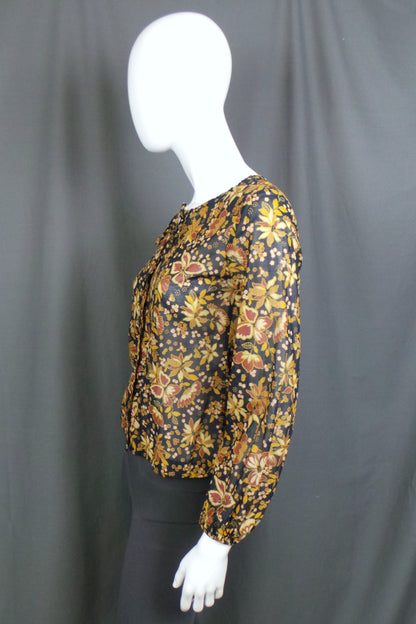 1970s Black & Brown Floral Sheer Blouse | St Michael | S