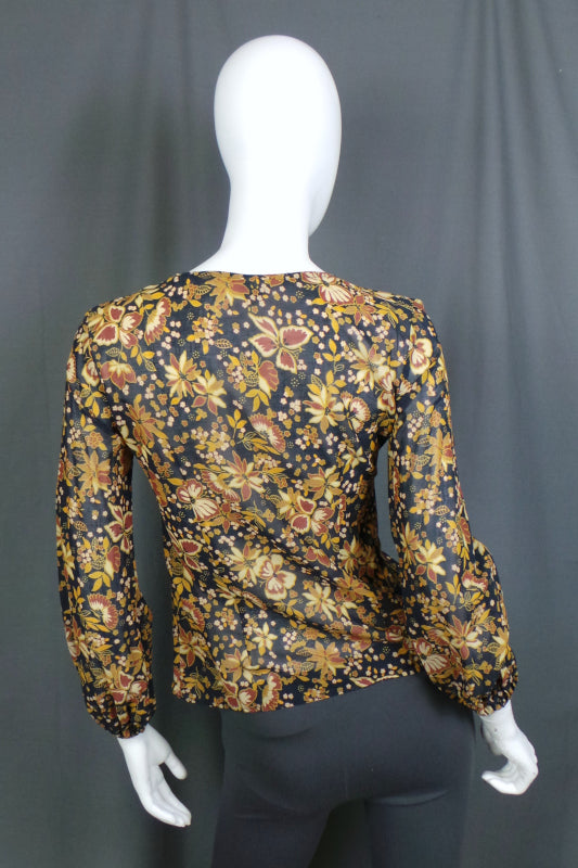 1970s Black & Brown Floral Sheer Blouse | St Michael | S