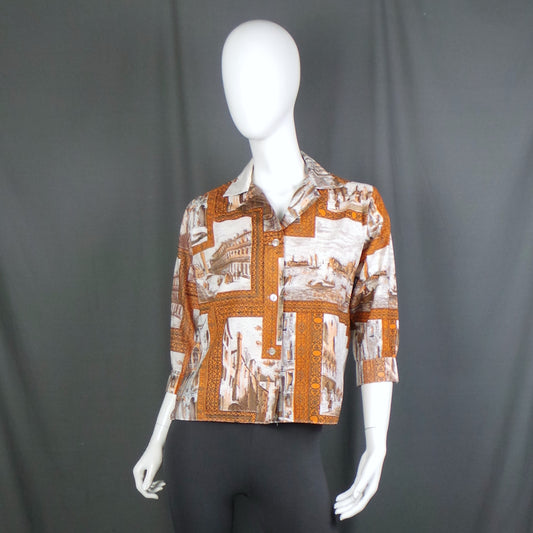 1950s Brown & Orange Venice Print Shirt | Reldan | XL