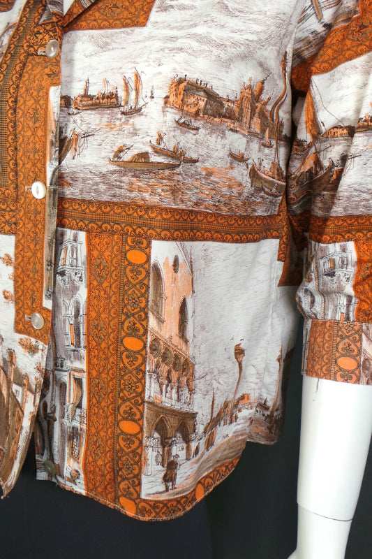 1950s Brown & Orange Venice Print Shirt | Reldan | XL
