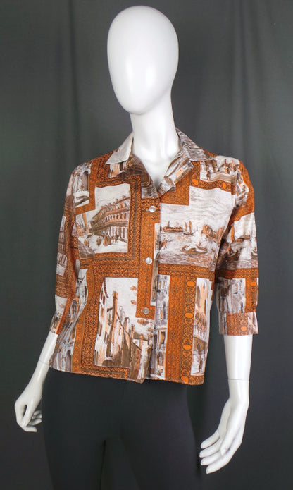 1950s Brown & Orange Venice Print Shirt | Reldan | XL