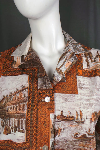 1950s Brown & Orange Venice Print Shirt | Reldan | XL