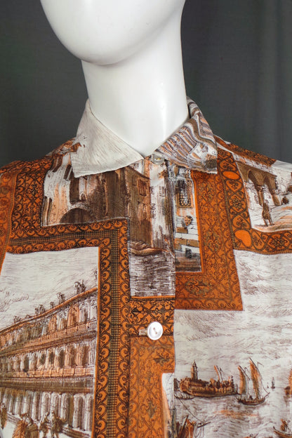 1950s Brown & Orange Venice Print Shirt | Reldan | XL