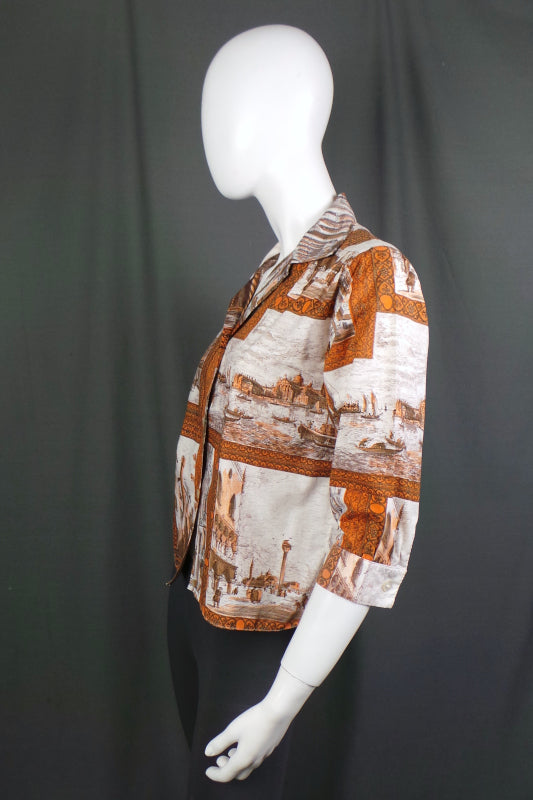 1950s Brown & Orange Venice Print Shirt | Reldan | XL