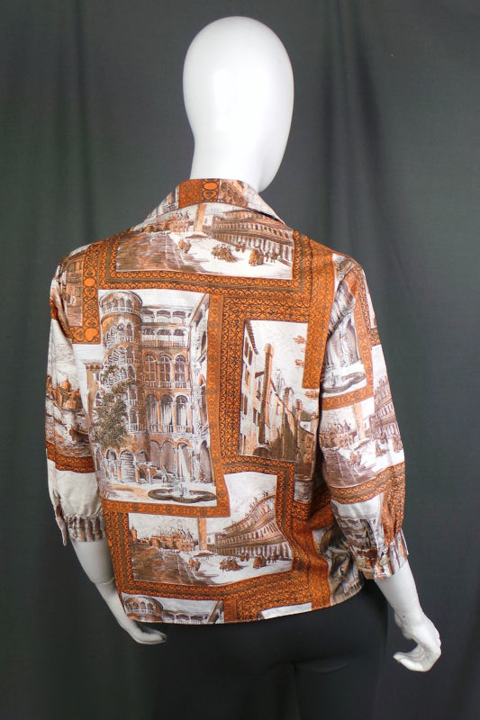 1950s Brown & Orange Venice Print Shirt | Reldan | XL