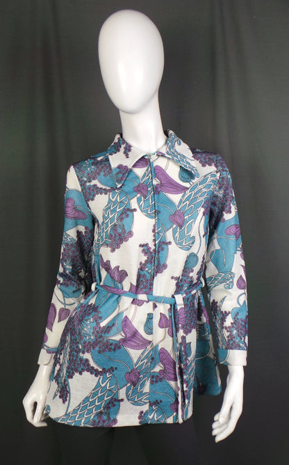 1970s Blue & Purple Belted Tunic Top | L