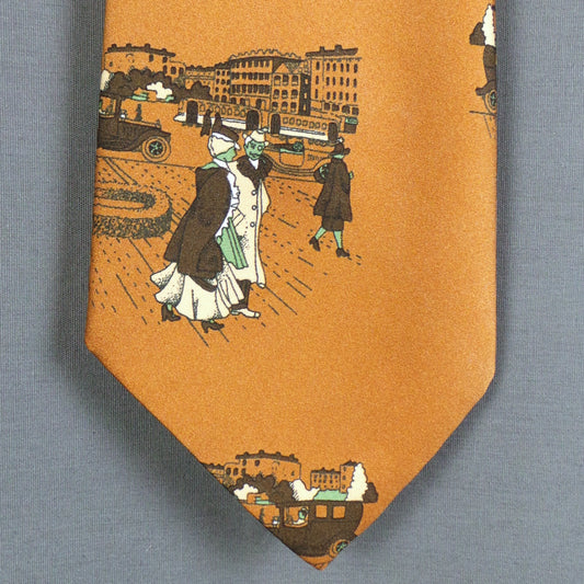 1970s Tan Edwardian Novelty Print Vintage Mens Tie, by Charles of London