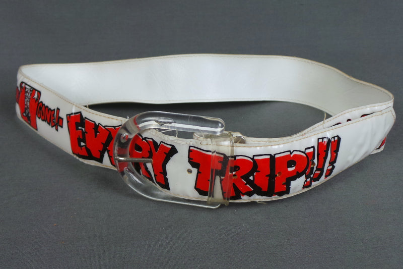 1970s White and Red Rare Raunchy Vinyl 'Clunk Click Every Trip' Advertising Belt | XS