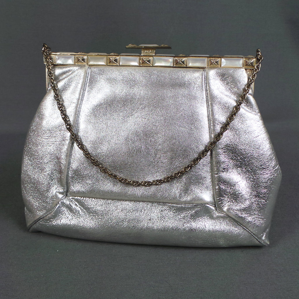 1960s Silver Leather Vintage Evening Bag