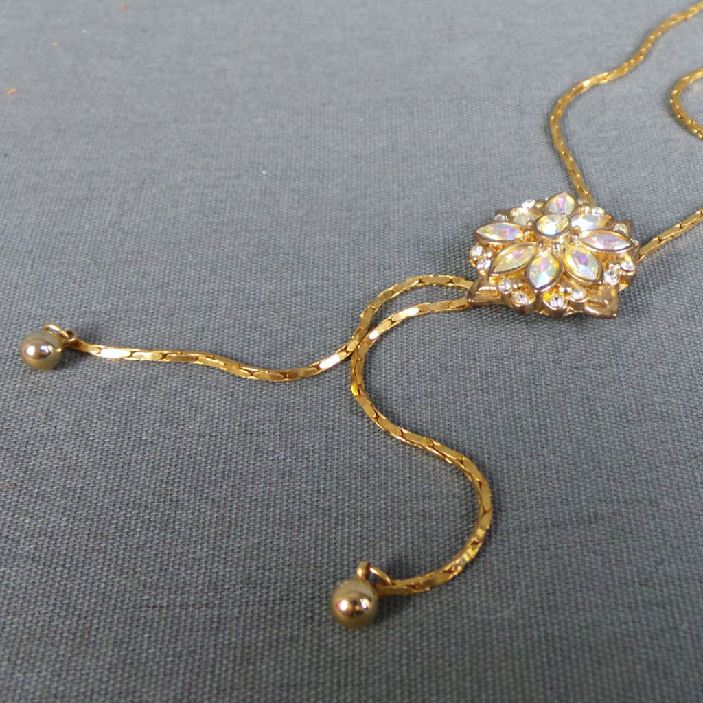 1980s Aurora Borealis Gold Bolo Style Necklace