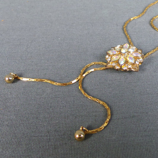 1980s Aurora Borealis Gold Bolo Style Necklace
