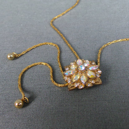 1980s Aurora Borealis Gold Bolo Style Necklace